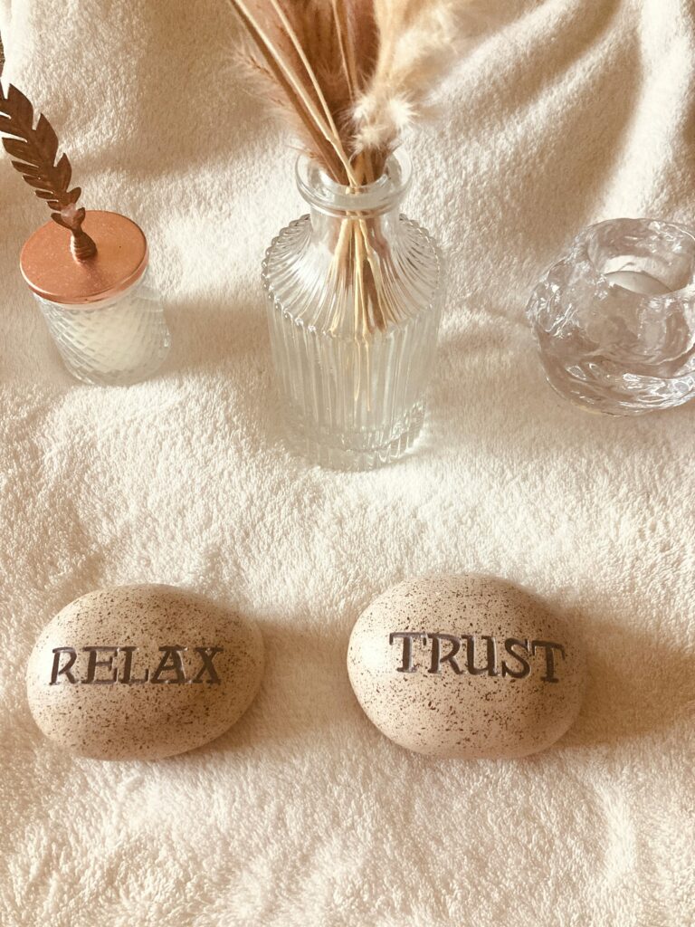 Calming spa scene with stones inscribed 'Relax' and 'Trust', diffusers, and dried plants.