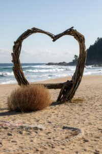 A rustic heart-shaped driftwood sculpture on a sunny Sokcho beach with waves in the background.